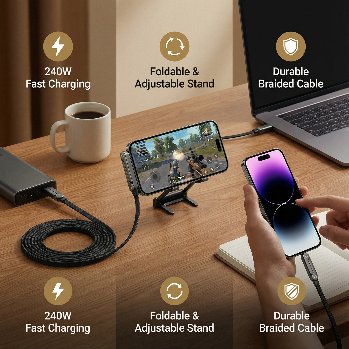 2-in-1 Foldable Fast Charging Cable & Phone Stand